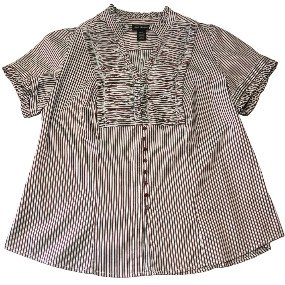 Lane Bryant Ruffle Button Up Blouse Short Sleeve Red White Stripe Size 14/16 - Picture 2 of 9